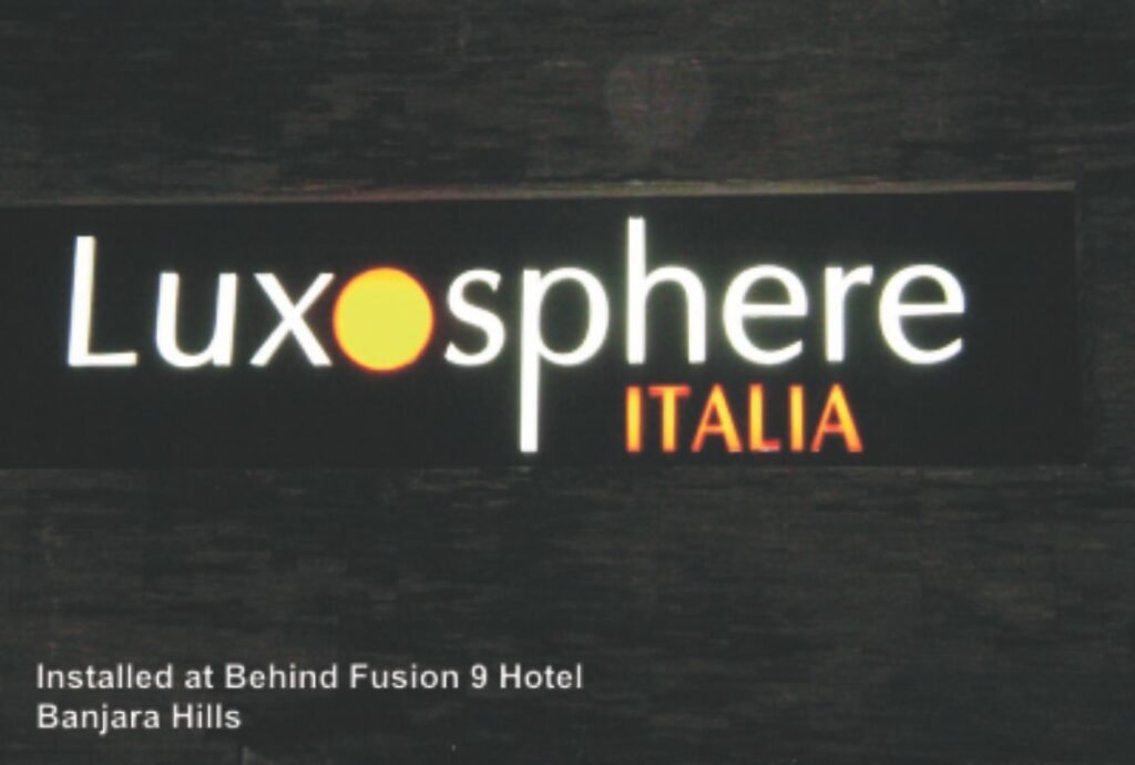 Premium acrylic LED sign board with illuminated channel letters for Luxosphere showroom in Hyderabad, Banjara Hills.