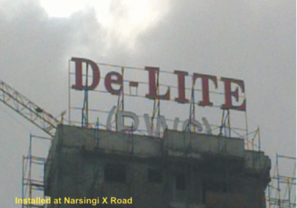 Large rooftop LED sign board with custom 3D acrylic letters installed in Hyderabad, Narsingi.