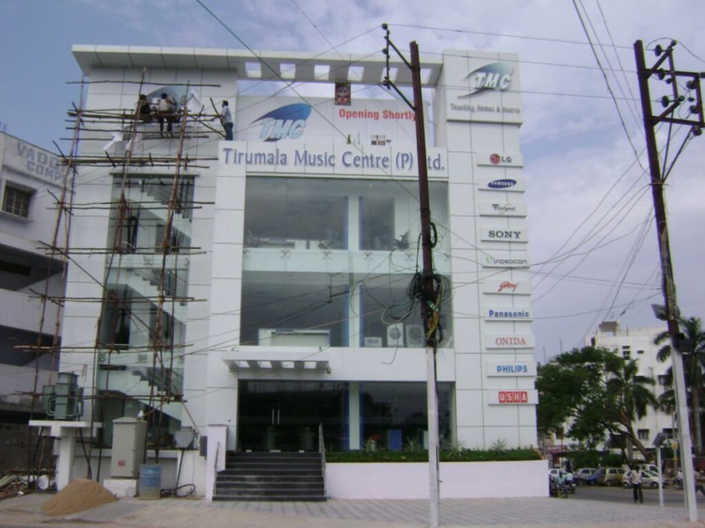 Modern showroom facade with premium acrylic LED sign board and exterior branding in Hyderabad, Nizampet.