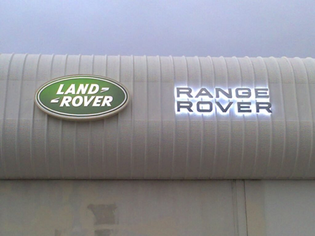 Illuminated Range Rover dealership signage with premium LED channel letters in Hyderabad, Gachibowli.