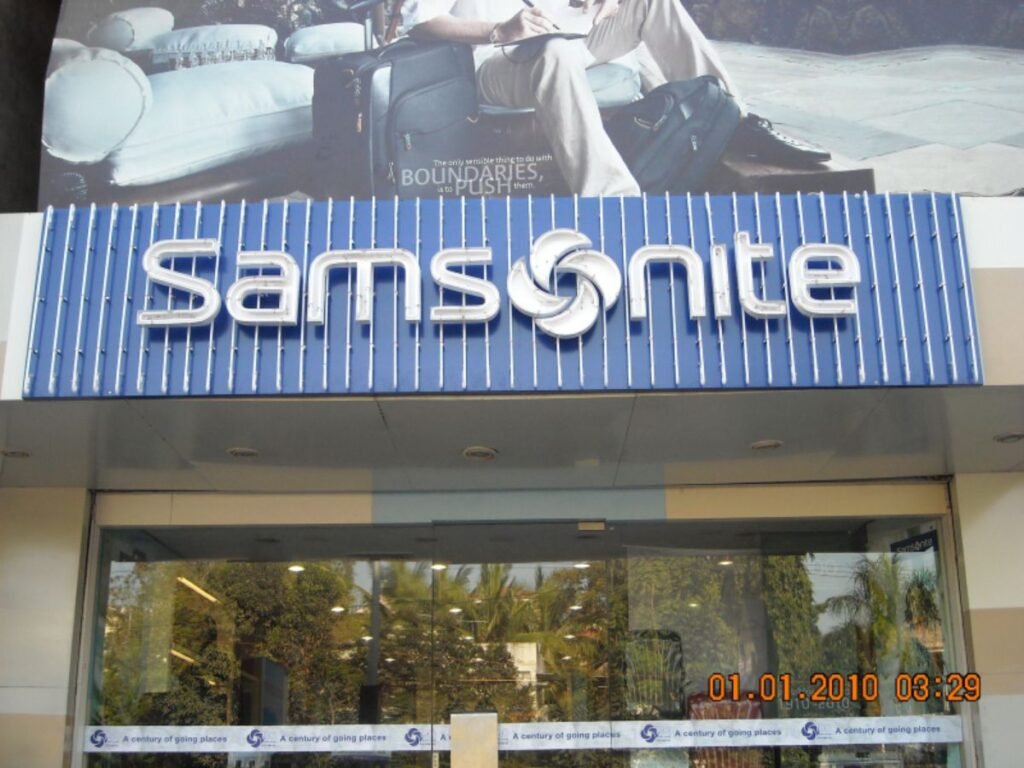 Backlit acrylic LED sign board for Samsonite retail showroom installed in Hyderabad, Himayat Nagar.