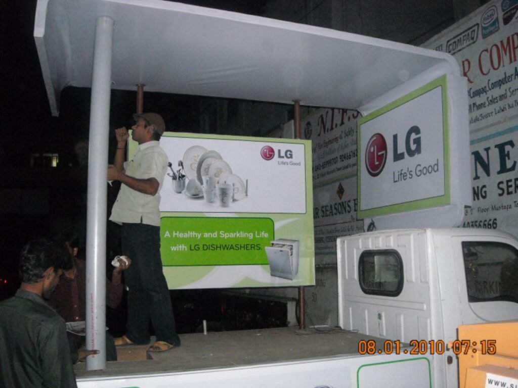 Custom mobile branding van with illuminated LED display and promotional signage in Hyderabad, Secunderabad.