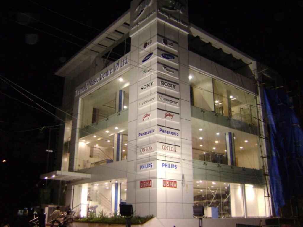 Modern ACP facade with LED sign boards and premium commercial building branding in Hyderabad, Begumpet.