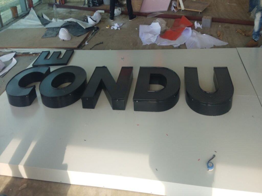 3D acrylic channel letters fabricated by Sina Interior & Signage in Hyderabad for commercial office branding and premium indoor signage.