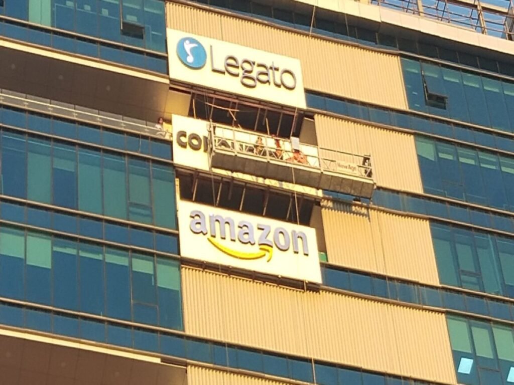 Corporate façade branding installation for Legato, Amazon, and Conduent office buildings by Sina Interior & Signage in Hyderabad using premium LED signage solutions.