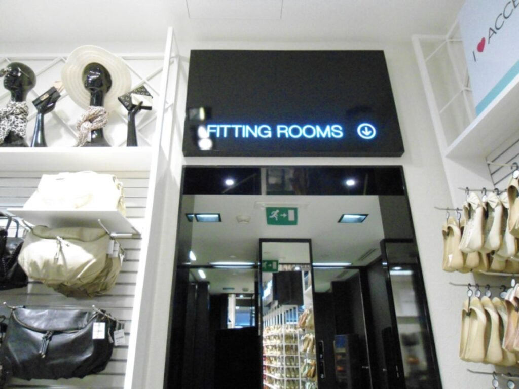 Indoor LED light sign board for fitting room directional signage by LED sign board manufacturers in Hyderabad, Miyapur.